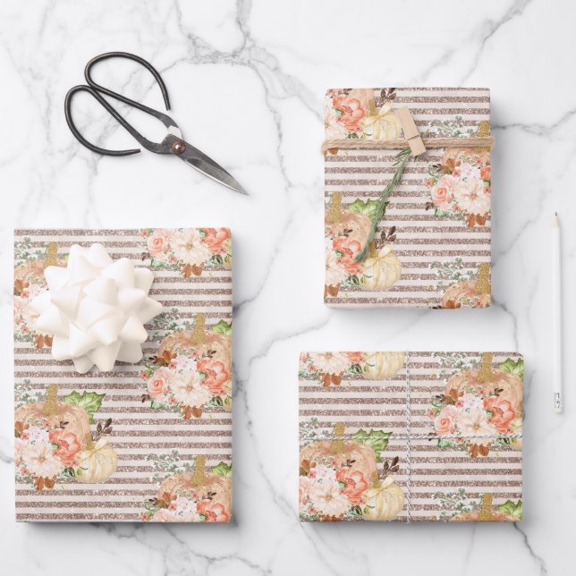 Elegant Autumn Pumpkin Rose Gold Glitter Wrapping Paper Sheets (Front)