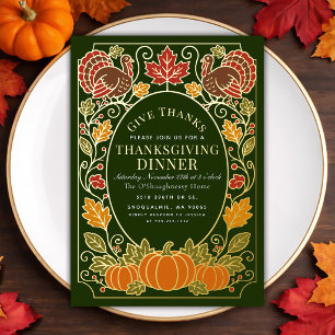 Elegant Autumn Pumpkin Turkey Thanksgiving Dinner Foil Invitation