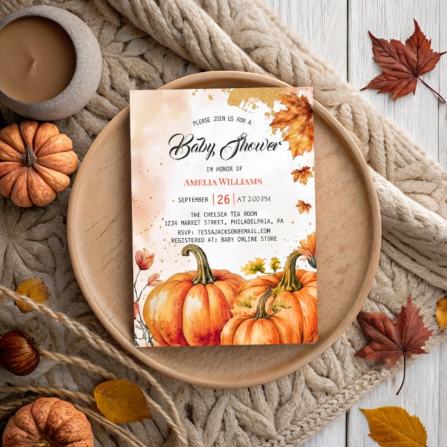 Elegant Autumn Pumpkin Watercolor Gold Leaves Baby Invitation (Creator Uploaded)