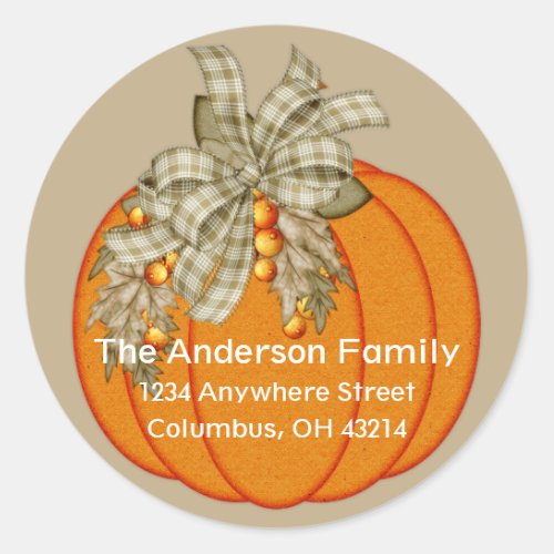 Elegant Autumn Pumpkin with Bow Return Address Classic Round Sticker