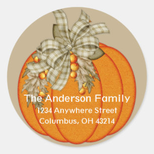 Elegant Autumn Pumpkin with Bow Return Address Classic Round Sticker