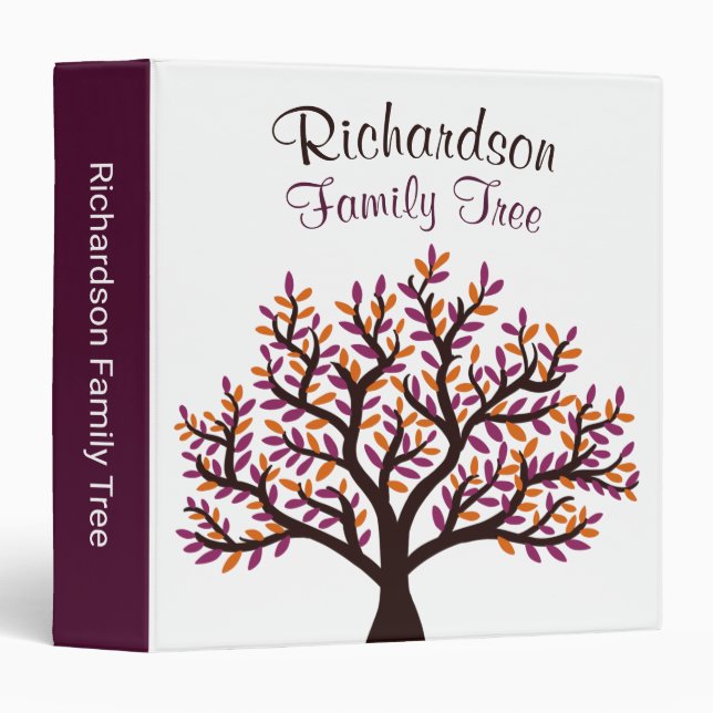 Elegant Autumn Purple Orange Leaf Family Tree  3 Ring Binder (Front/Spine)