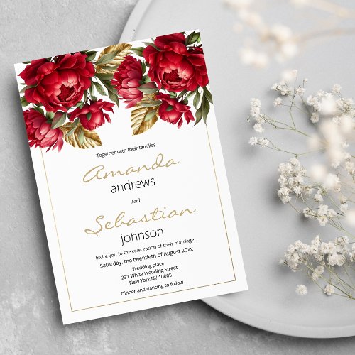Elegant Autumn red gold peonies floral wedding  Invitation