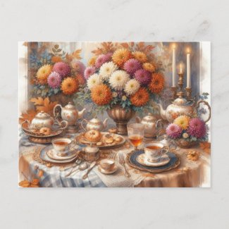 Elegant Autumn Tea Party Watercolor  Postcard