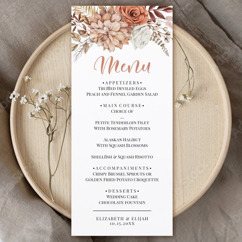 Elegant Autumn Terracotta Floral Wedding Flat Menu