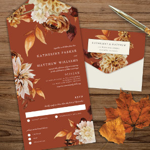 Elegant Autumn Watercolor Flora Terracotta Wedding All In One Invitation