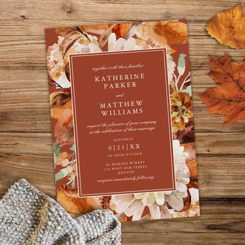 Elegant Autumn Watercolor Flora Terracotta Wedding Invitation