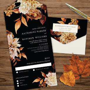 Elegant Autumn Watercolor Floral + Black Wedding All In One Invitation