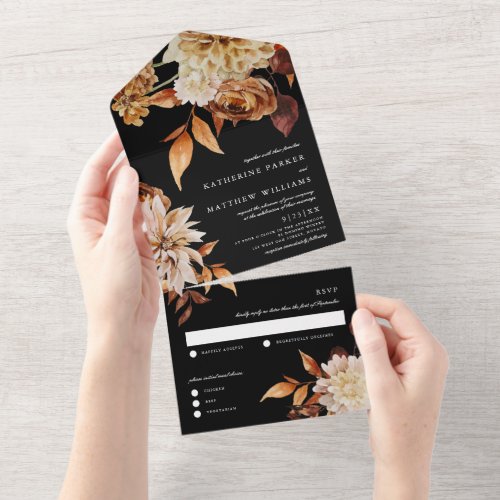 Elegant Autumn Watercolor Floral  Black Wedding All In One Invitation
