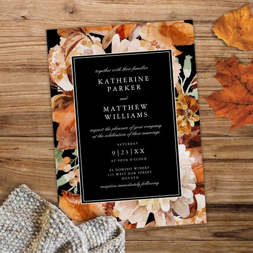 Elegant Autumn Watercolor Floral Black  Wedding Invitation