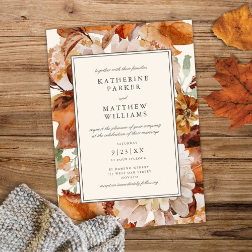 Elegant Autumn Watercolor Floral Frame Wedding Invitation