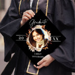 Elegant Autumn Watercolor Floral Photo Script Graduation Cap Topper<br><div class="desc">This elegant graduation cap topper features beautiful watercolor florals with a single round photo and classic typography over a black background.</div>
