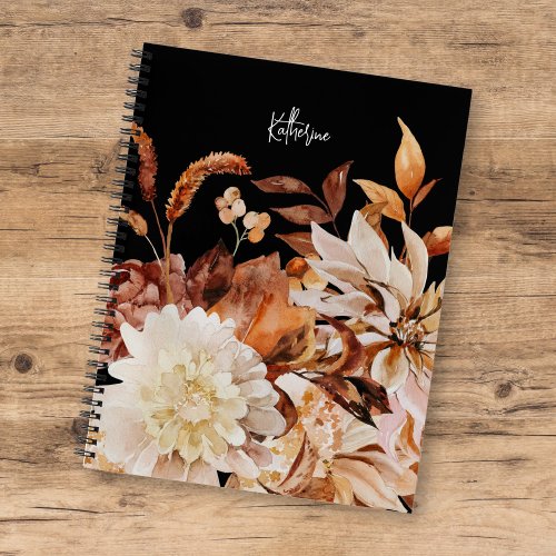 Elegant Autumn Watercolor Floral w Name Notebook