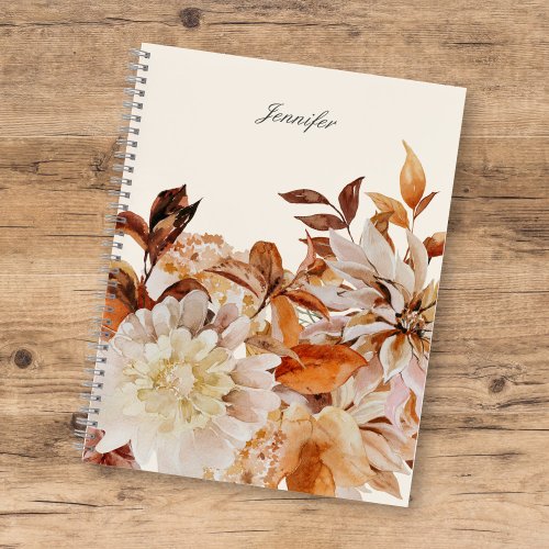 Elegant Autumn Watercolor Floral w Name Notebook