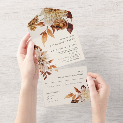 Elegant Autumn Watercolor Floral Wedding All In One Invitation