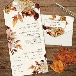 Elegant Autumn Watercolor Floral Wedding All In One Invitation