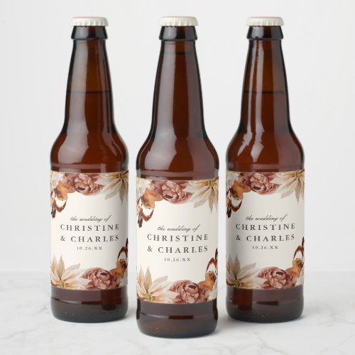 Elegant Autumn Watercolor Floral  Wedding Beer Beer Bottle Label