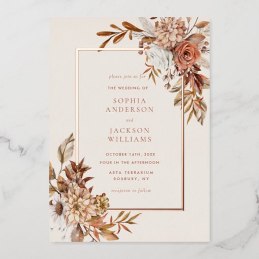 Elegant Autumn Watercolor Floral Wedding Foil Invitation | Zazzle