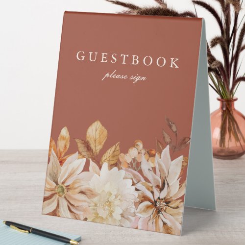 Elegant Autumn Watercolor Floral Wedding Guestbook Table Tent Sign