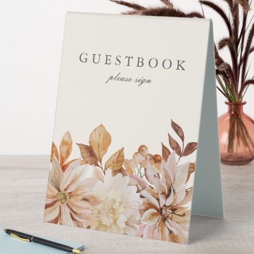 Elegant Autumn Watercolor Floral Wedding Guestbook Table Tent Sign