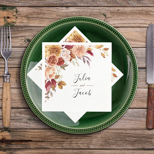 Elegant Autumn Watercolor Floral Wedding Napkins (Elegant Autumn Watercolor Floral Wedding Party Supplies)