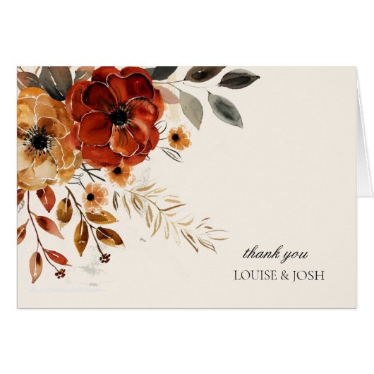 Elegant Autumn Watercolor Floral Wedding Thank You (Front Horizontal)