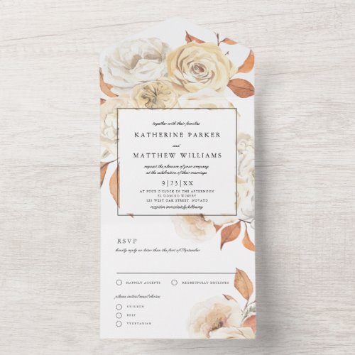 Elegant Autumn Watercolor Floral  White Wedding All In One Invitation