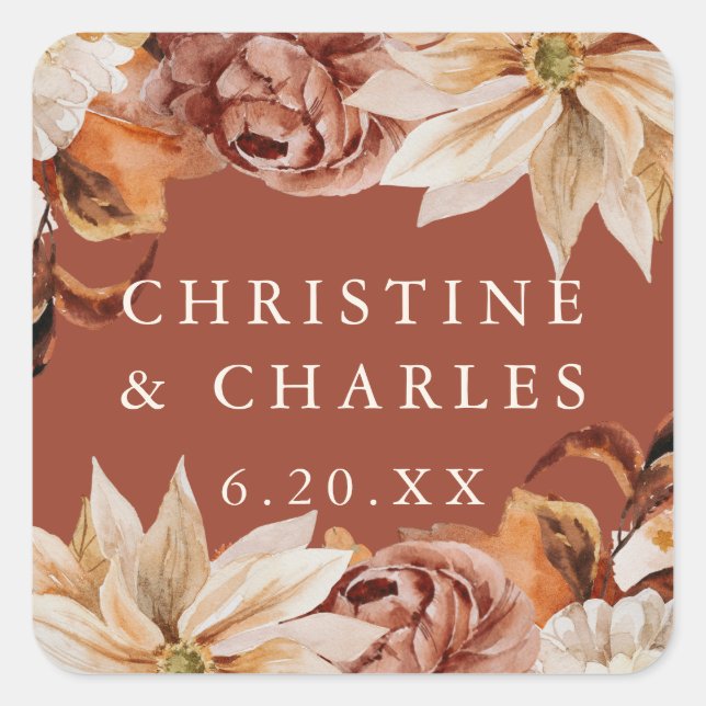 Elegant Autumn Watercolor Terracotta Wedding Square Sticker (Front)