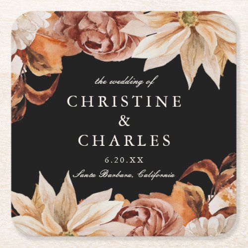 Elegant Autumn Watercolor Wedding Black Square Paper Coaster