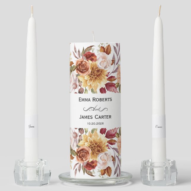 Elegant Autumn Watercolor Wedding Candle (Front)