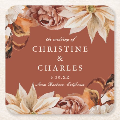 Elegant Autumn Watercolor Wedding Square Paper Coa Square Paper Coaster