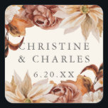 Elegant Autumn Watercolor Wedding  Square Sticker<br><div class="desc">This lovely wedding sticker design features a border of watercolor flowers in beautiful autumn tones. The typography is simple yet elegant. Customize it with your name and wedding date. These stickers are a wonderful addition to your wedding favors. You can also use them to decorate the envelope of your invitation...</div>