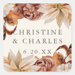 Elegant Autumn Watercolor Wedding Square Sticker