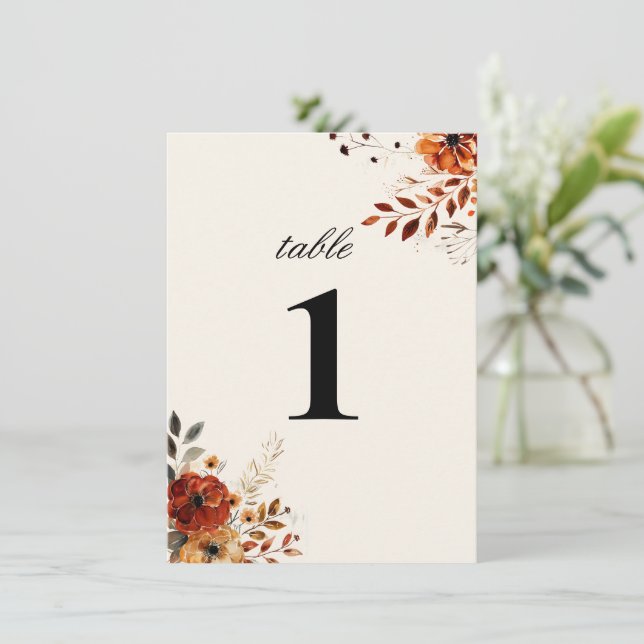 Elegant Autumn Watercolor Wedding Table Number (Standing Front)