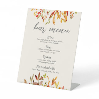 Elegant Autumn Wedding Custom Fall Leaves Bar Menu Pedestal Sign