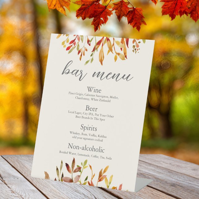 Elegant Autumn Wedding Custom Fall Leaves Bar Menu Pedestal Sign (Creator Uploaded)