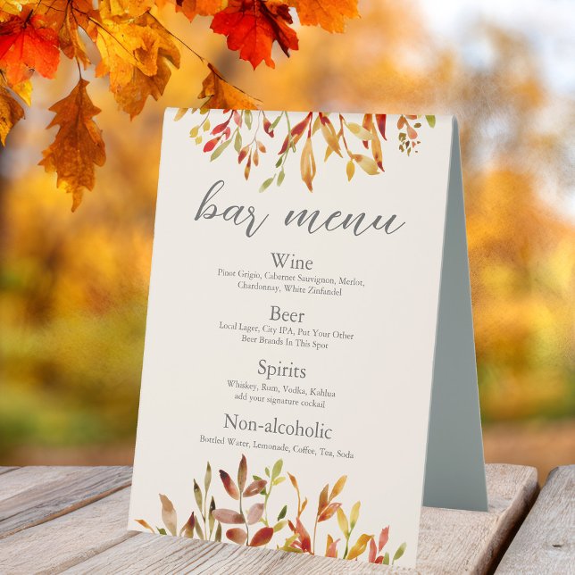 Elegant Autumn Wedding Custom Fall Leaves Bar Menu Table Tent (Creator Uploaded)