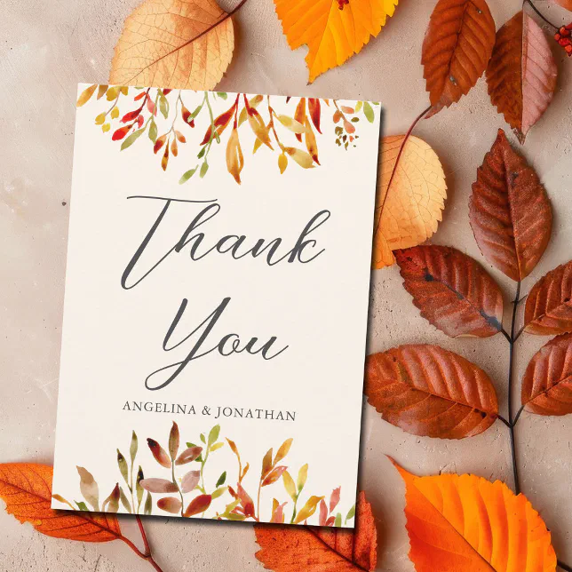 Elegant Autumn Wedding Custom Fall Leaves Thank You Card | Zazzle