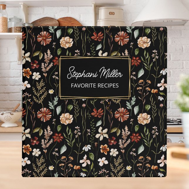 Elegant Autumn Wildflower Pattern Black Recipe 3 Ring Binder (In situ)
