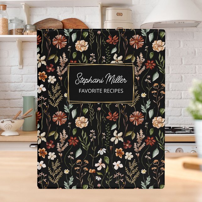 Elegant Autumn Wildflower Pattern Black Recipe Mini Binder (In situ)