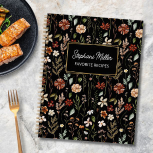 Elegant Autumn Wildflower Pattern Black Recipe Notebook