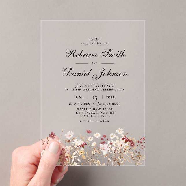 Elegant Autumn Wildflowers Floral Wedding Acrylic Invitations (Insitu (Handheld))