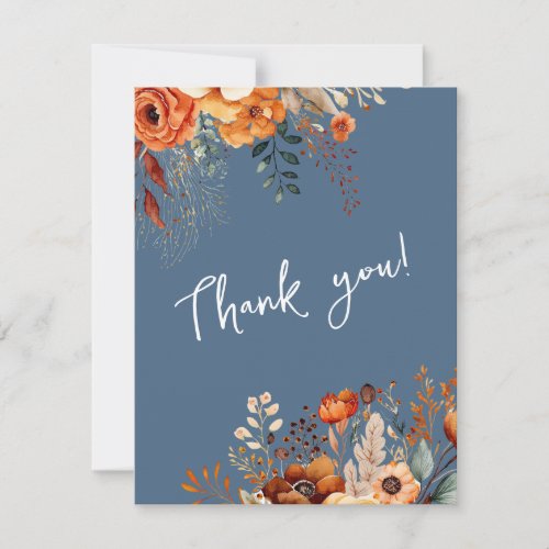 Elegant autumnal botanical photo wedding blue thank you card