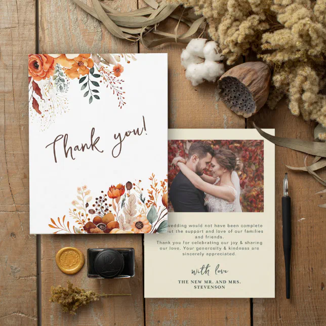 Elegant autumnal botanical photo wedding thank you card | Zazzle