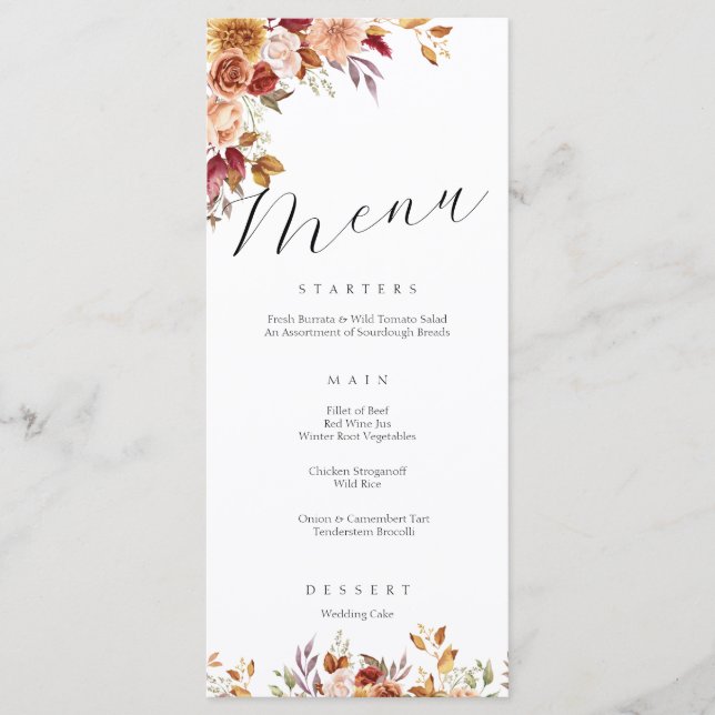 Elegant Autumnal Botanicals Floral Wedding Menu (Front)
