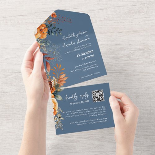 Elegant Autumnal Floral blue QR Code wedding All In One Invitation