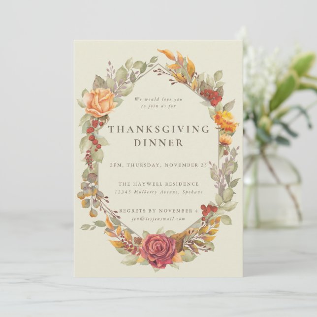 Elegant Autumnal Floral Border Thanksgiving Dinner Invitation (Standing Front)