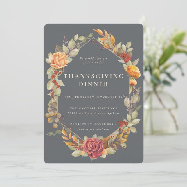 Elegant Autumnal Floral Border Thanksgiving Dinner Invitation (Standing Front)