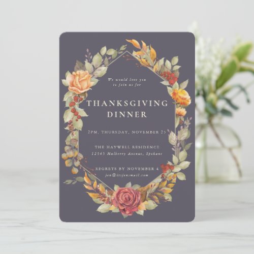 Elegant Autumnal Floral Border Thanksgiving Dinner Invitation