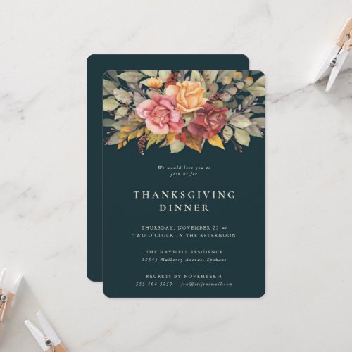 Elegant Autumnal Floral Border Thanksgiving Dinner Invitation